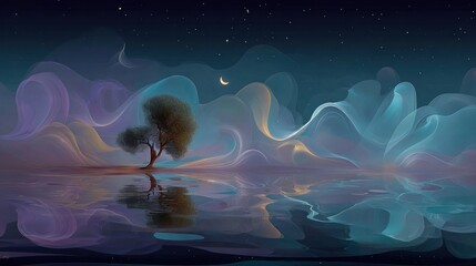 Lonely tree reflects in a still night sky landscape.