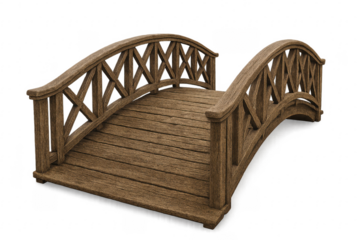 Arched wooden bridge connecting two sides with transparent background