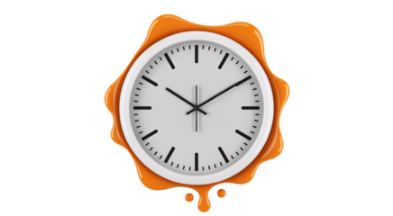A sleek white clock with a vibrant orange splash, representing the concept of time and urgency, isolated on transparent background