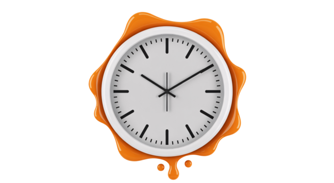 A sleek white clock with a vibrant orange splash, representing the concept of time and urgency, isolated on transparent background