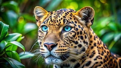 A majestic leopard with striking blue eyes gazes intently, surrounded by lush green foliage