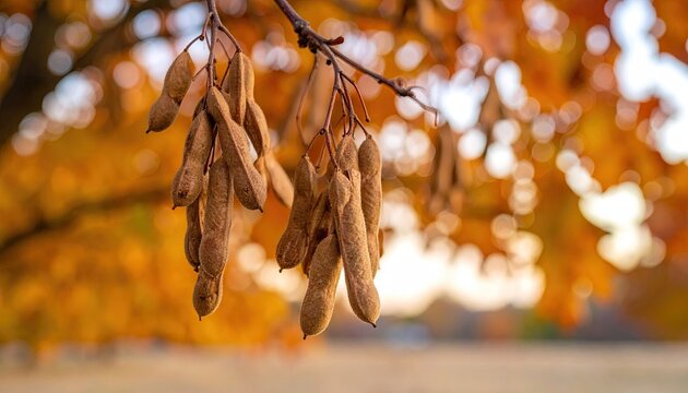 Dried pods hanging from a tree branch in autumn