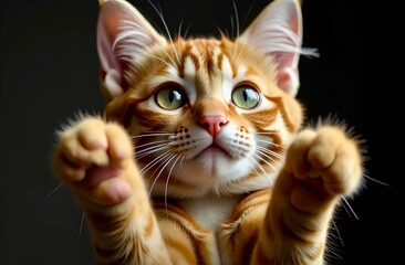 Portrait of a ginger kitten with green eyes raising paws up on black background.