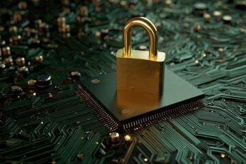 A golden padlock sits atop a circuit board