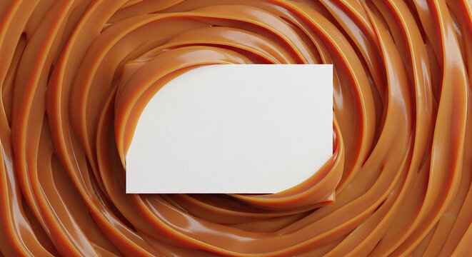  blank card Business mockup immersed in thick, glossy dulce de leche cream, warm caramel tones