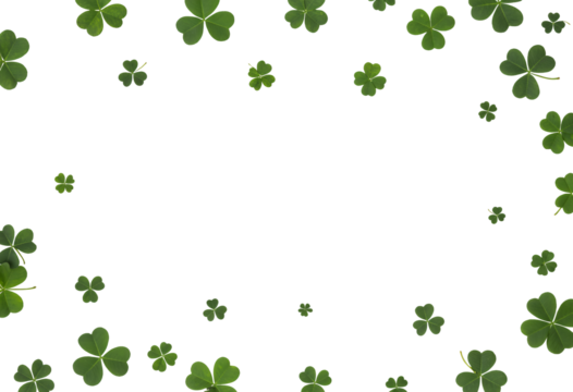 A frame of green clovers isolated on transparent background creates a festive st patricks day design