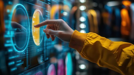 Hand interacting with digital interface featuring circles and circuit board patterns in bright colors