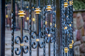 View of a black wrought iron metal gate with golden decorative elements, creating a sense of...