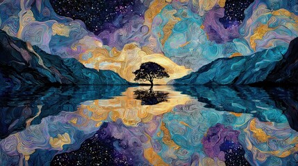 A tranquil lake scene with a lone tree, reflected in the still water, under a starlit sky.