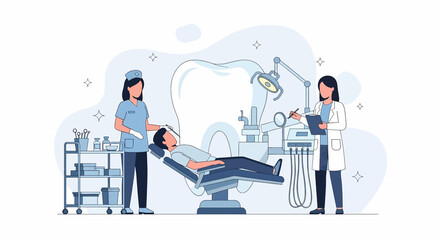 Adobe illustrator vector flat style illustration of a patient in a dentist's chair, attended by a dentist and assistant. Perfect for dental care, oral hygiene, and dentistry concepts