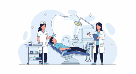 Adobe illustrator vector flat style illustration of a patient in a dentist's chair, attended by a dentist and assistant. Perfect for dental care, oral hygiene, and dentistry concepts