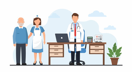 Adobe illustrator vector flat style illustration of a senior patient with a nurse consulting a doctor in a clinic office. Ideal for medical consultation, elderly care, and healthcare concepts