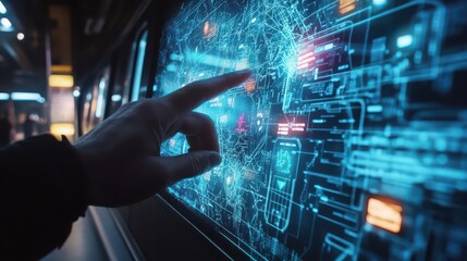 A hand interacting with a futuristic holographic display showing complex data and network connections