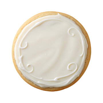 Delicious vanilla frosted sugar cookie with elegant design on top view for bakery presentation