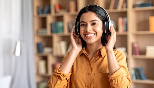 Woman listening to music in a library setting