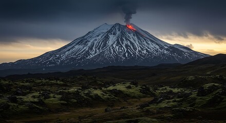 Fototapeta premium A volcano erupts, spewing smoke and lava into the sky