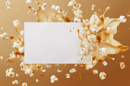 White card mockup with abstract popcorn kernel explosion and caramel splashes