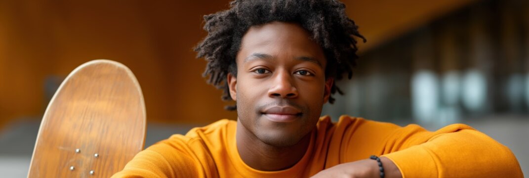 Young african male smiling with skateboard in urban setting - Powered by Adobe