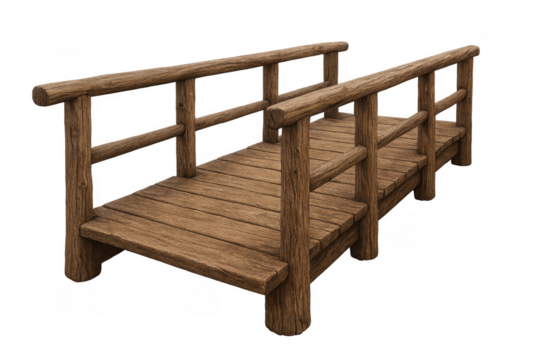 Short wooden bridge connecting two sides with transparent background