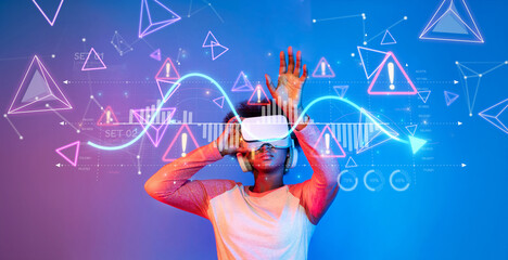 A young person immersed in virtual reality, analyzing stock market trends through colorful...