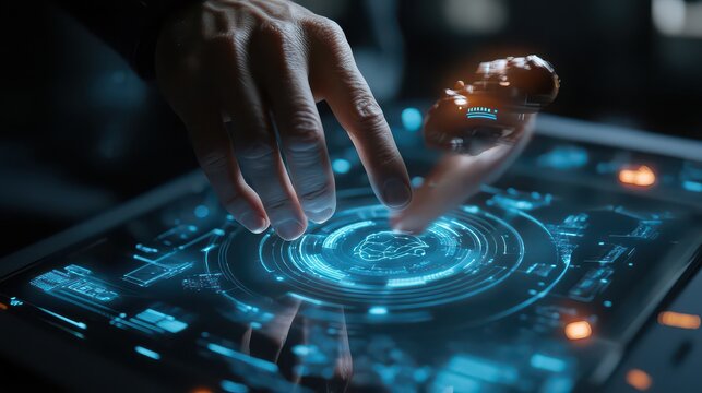 Person interacting with a futuristic touch screen interface with glowing blue graphics shown