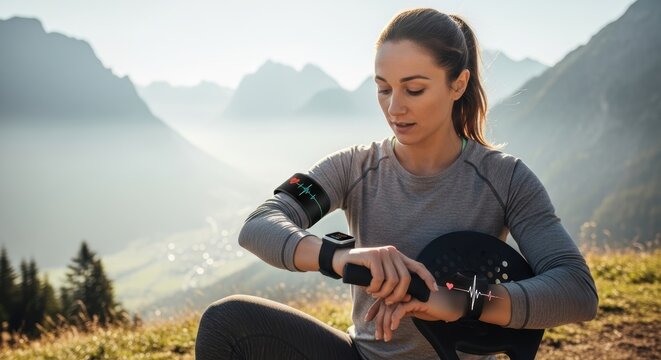 Young caucasian female with smartwatch checking heart rate in mountainous terrain - Powered by Adobe