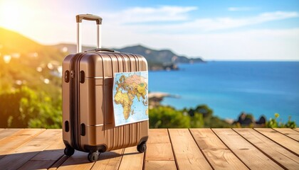 Suitcase on wooden deck overlooking ocean
