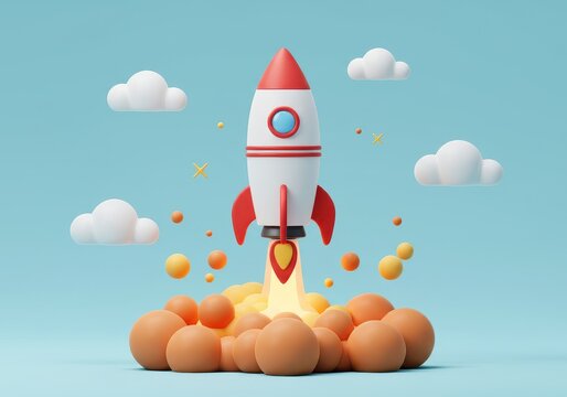 Cartoon rocket launching with smoke and clouds on a light blue colored plane for kids illustration