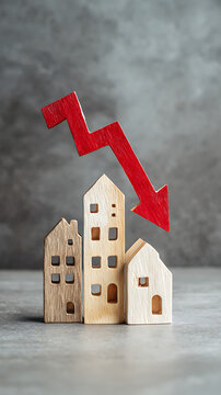 Wooden houses with red downward arrow real estate housing market