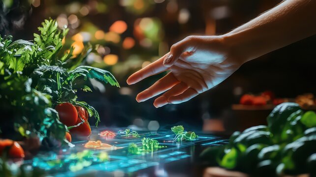 Hand reaching towards holographic plants with tomatoes and basil in a futuristic garden scene - Powered by Adobe