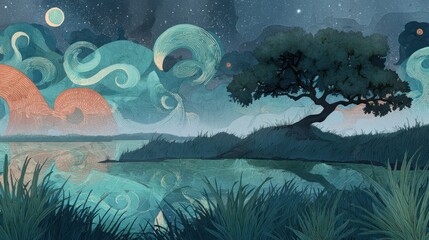 A tranquil, stylized landscape at night.