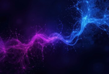 Colorful abstract background featuring intertwining blue and pink waves with glowing particles floating in a dark space
