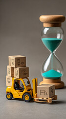 Yellow forklift transporting cardboard boxes near turquoise hourglass image