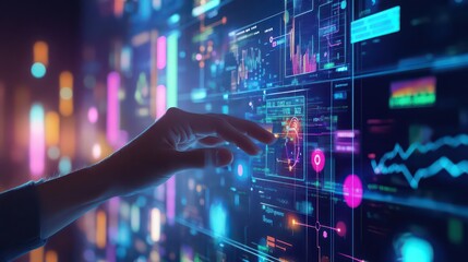 Hand interacting with a futuristic interface filled with data graphs and colorful neon light patterns