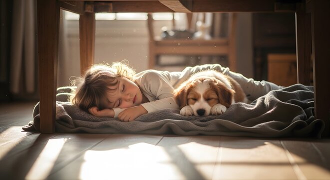 Child and puppy resting together on blanket under wooden table in sunlight creating peaceful mood