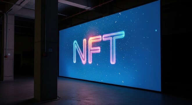 Illuminated nft sign in dark warehouse space with futuristic design and starry background
