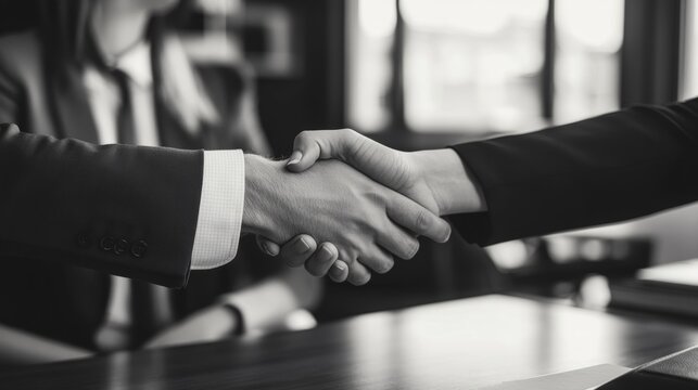 Two hands in a professional handshake during an office meeting.