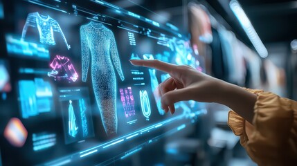 Woman interacts with a holographic display of clothing in a futuristic shopping experience