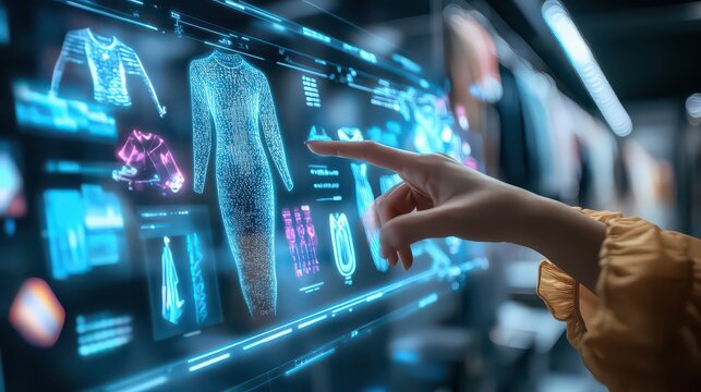 Woman interacts with a holographic display of clothing in a futuristic shopping experience - Powered by Adobe