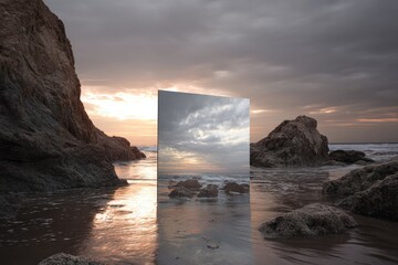 A reflective rectangle stands at the shoreline at sunset
