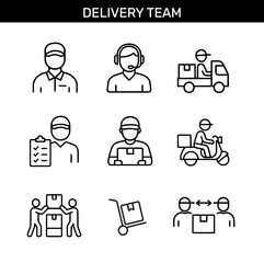 Delivery team outline icons with courier, headset operator, delivery truck, scooter, package, checklist, cart, and parcel handover