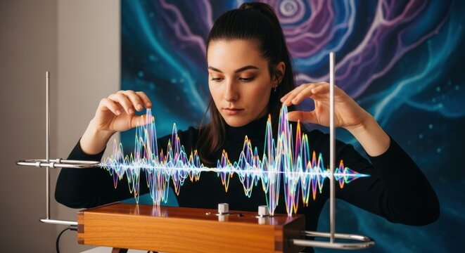 Young caucasian female playing theremin with colorful sound waves in background