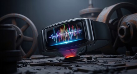 Futuristic smartwatch displaying colorful sound waves in industrial setting