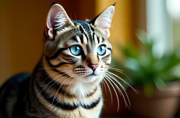 Portrait of a cute calico cat with blue eyes