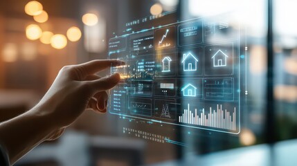 A hand interacting with a futuristic interface showing house icons and data visualizations