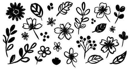 Black and white floral illustrations. Doodle flower, floral leaf elements in brush stroke ink style. Simple abstract botanical silhouette set for nature black paint art. Vector, JPEG version