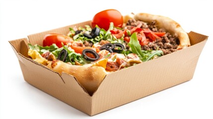 A delicious homemade cheese and veggie pizza with fresh ingredients, presented in a cardboard box for serving or takeout.