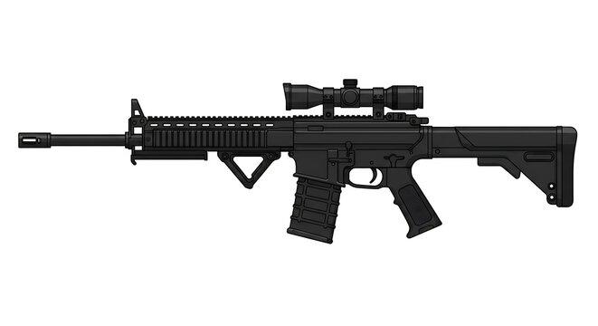 Isolated black ar fifteen style rifle with scope and magazine against a white background