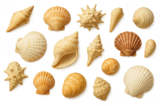 Collection of Various Seashells Isolated on Transparent Background
