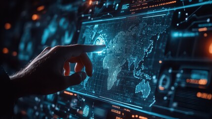 A finger pointing at a holographic world map on a screen with digital interface elements around it